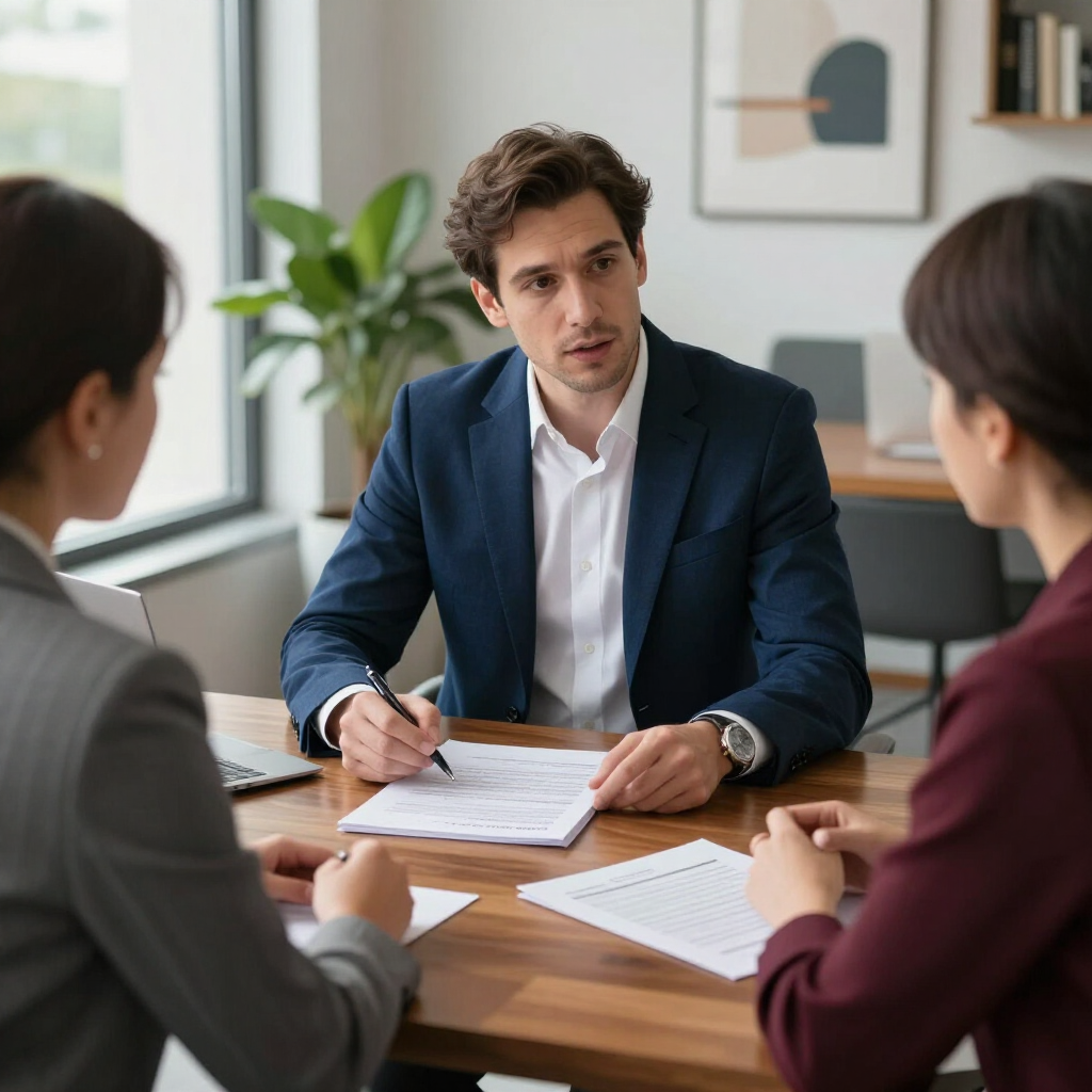 Three people sit at a wooden table in an office, reviewing documents together during a professional business meeting.