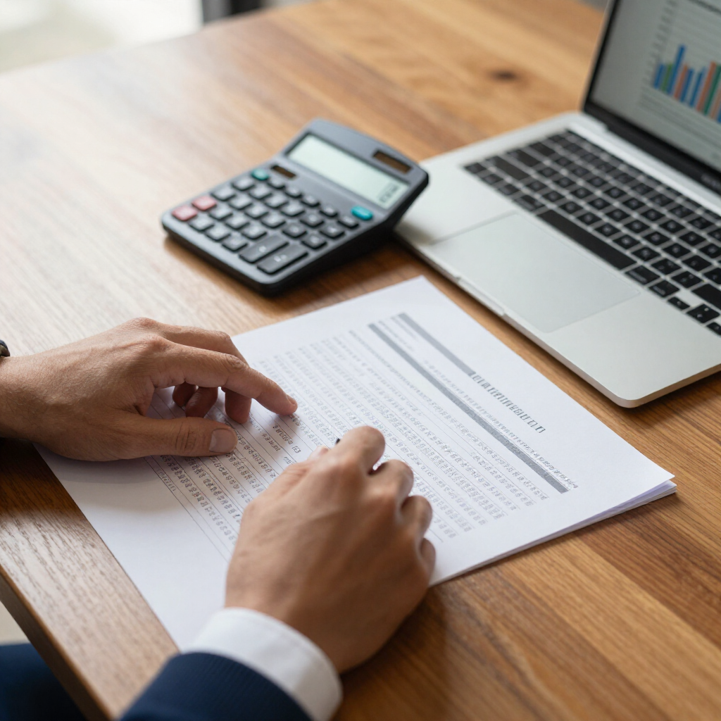 Hands on a document at a desk with a calculator and a laptop showing a graph.