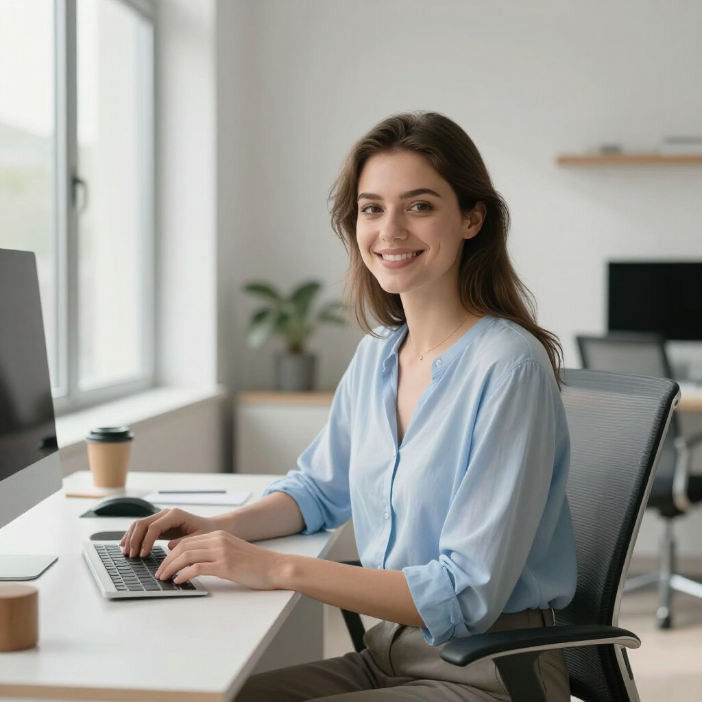 A smiling person wearing a light blue shirt works at a computer in a bright, modern office.