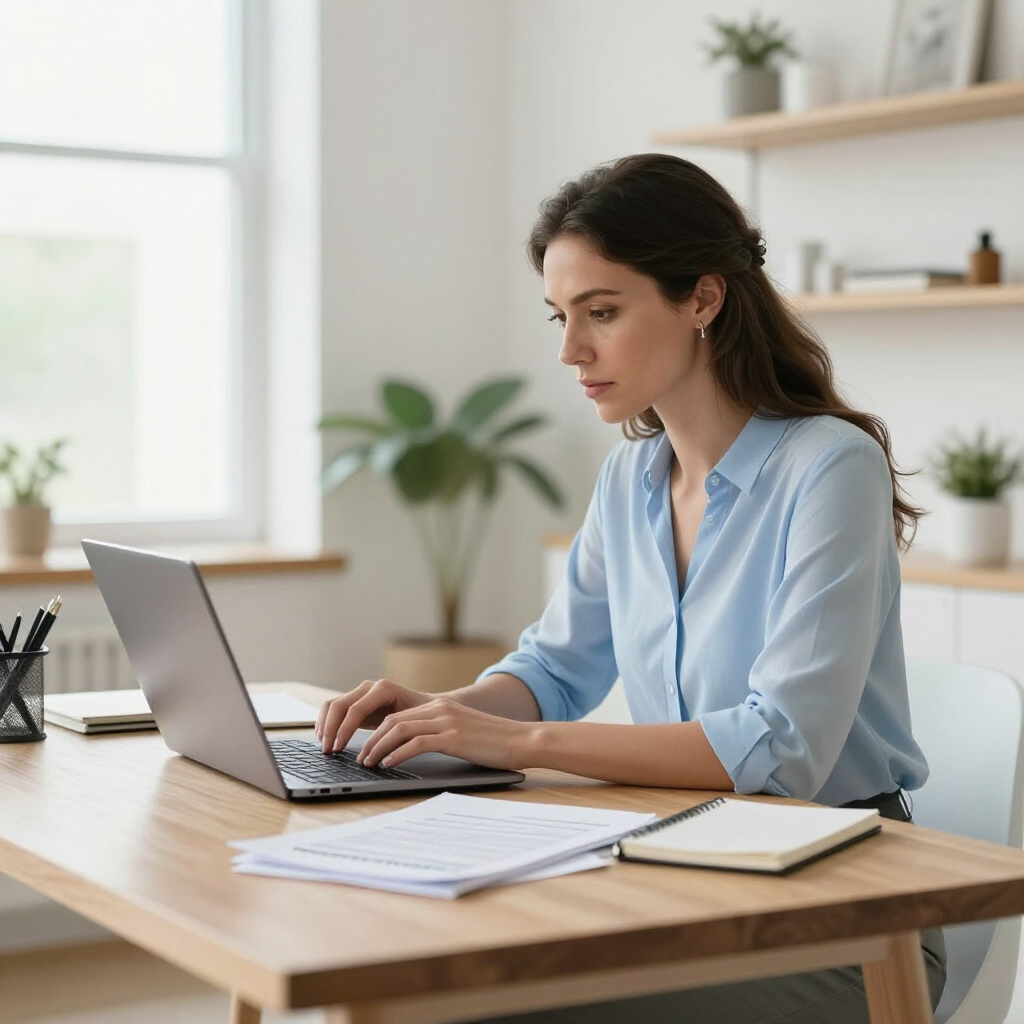 A person in a light blue shirt works on a laptop at a wooden desk in a brightly lit office with potted plants.