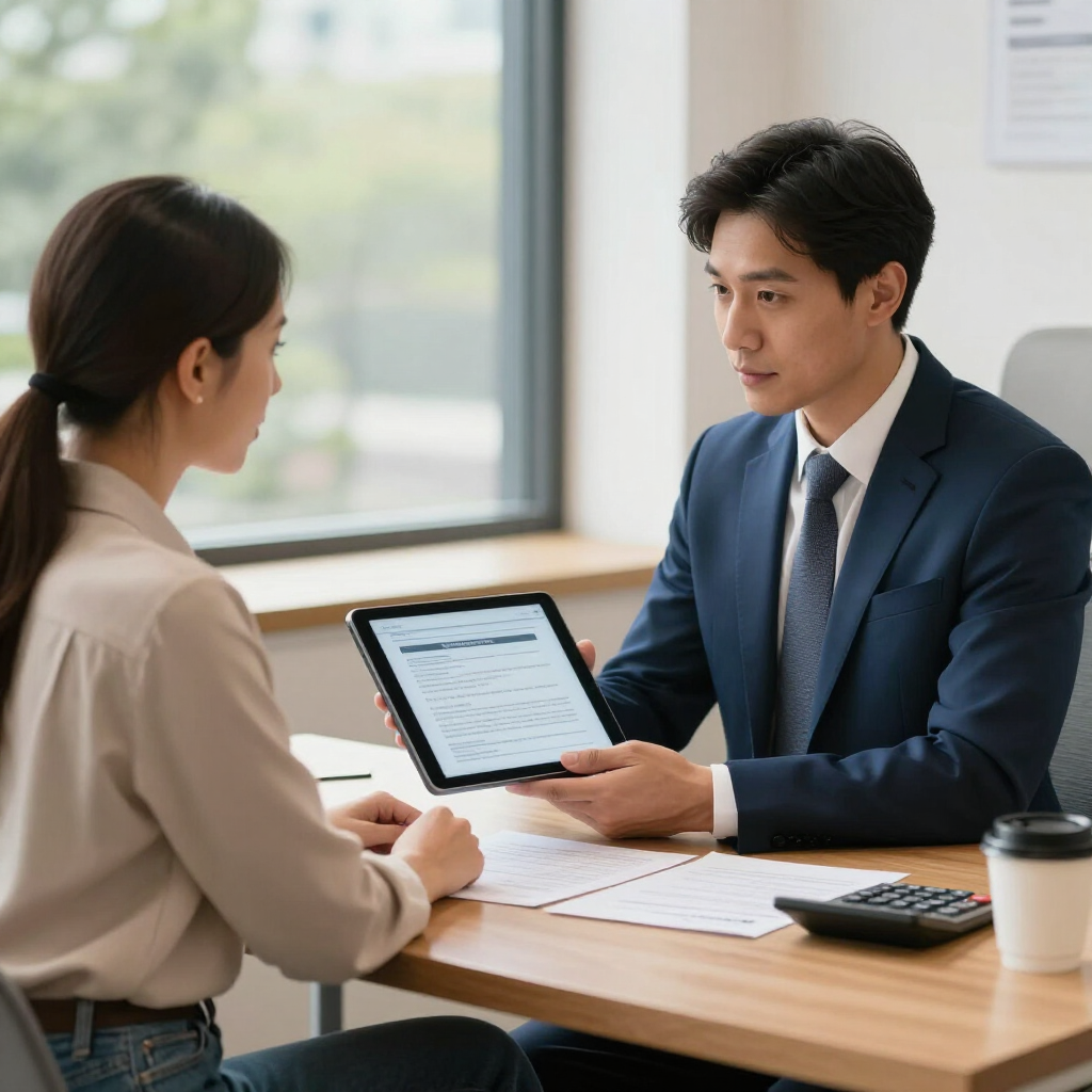 A person in a suit holds a tablet showing data to a colleague at a desk in a bright office.