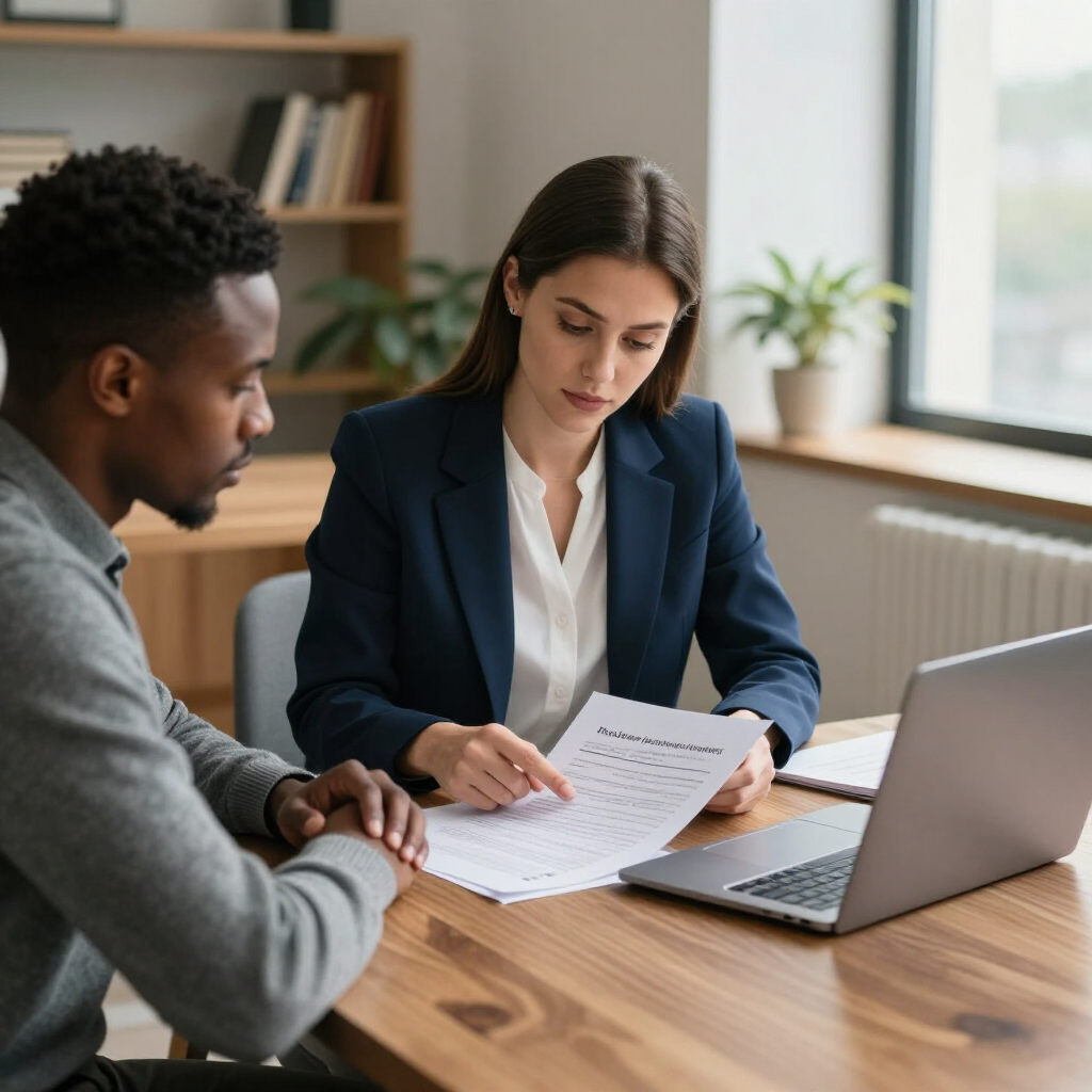 Two people sit at a wooden desk reviewing a document together in a professional office setting with a laptop nearby.