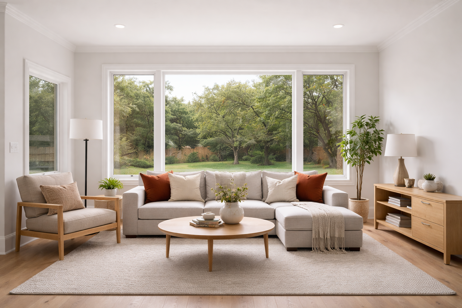 Bright living room with a beige sofa, wood furniture, and large windows overlooking a green garden.