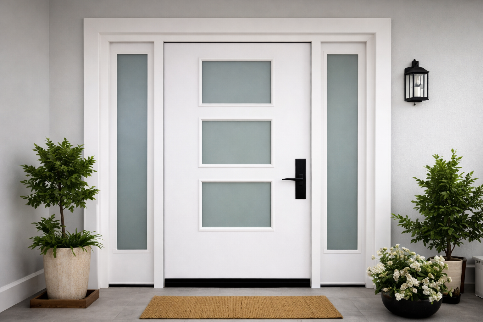 Modern white front door with sidelights, black handle, potted plants, and a doormat