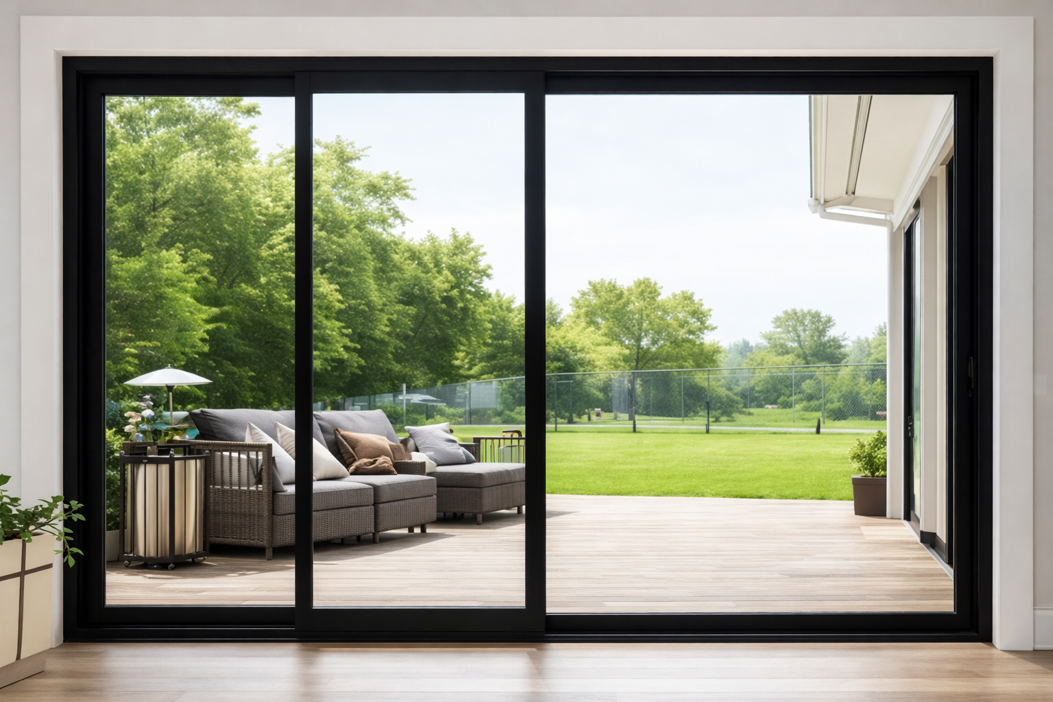 Modern living room opening to a deck with black sliding glass doors and a lush green backyard
