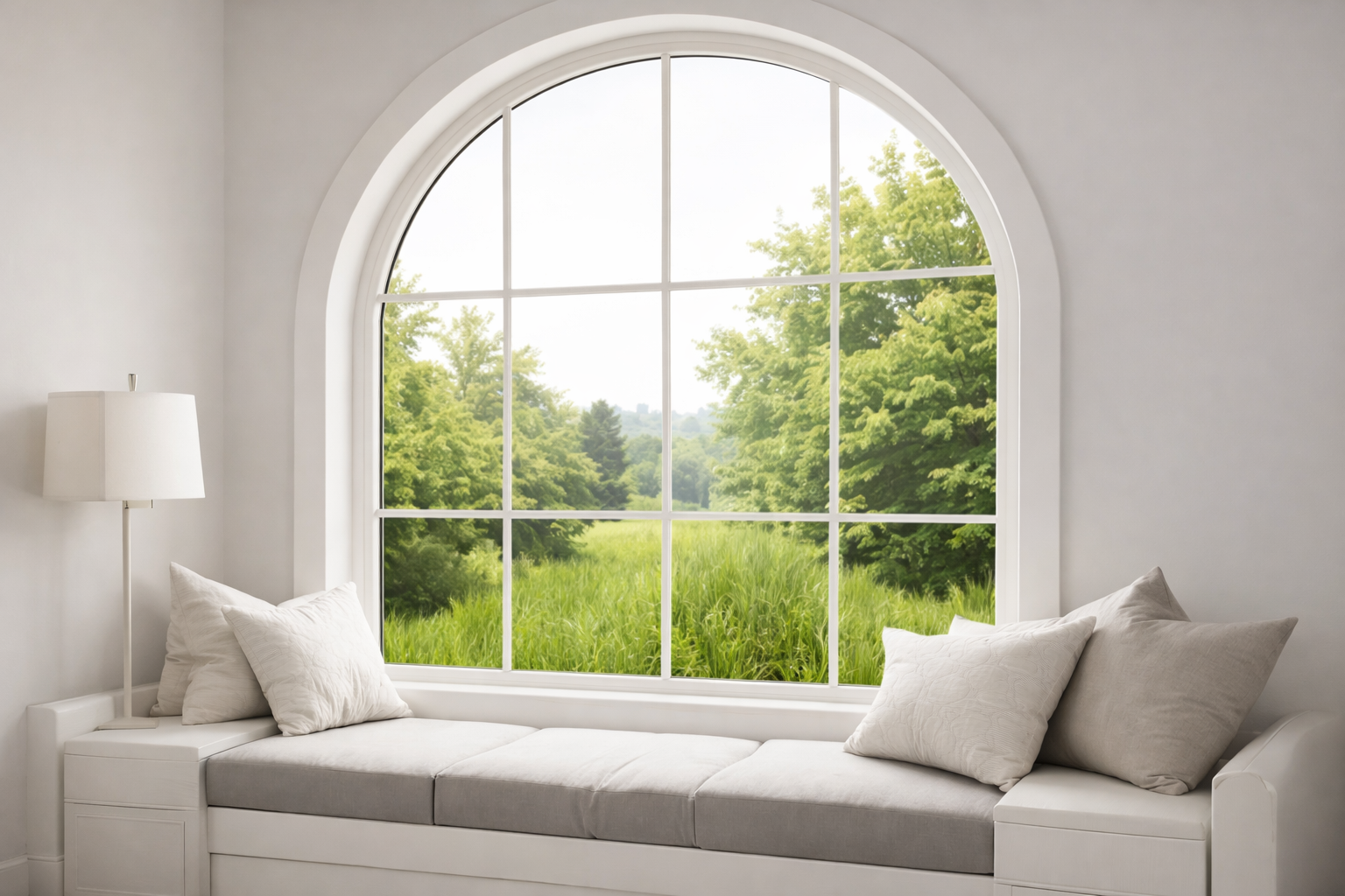 Bright living room with arched window, white sofa, and green trees outside