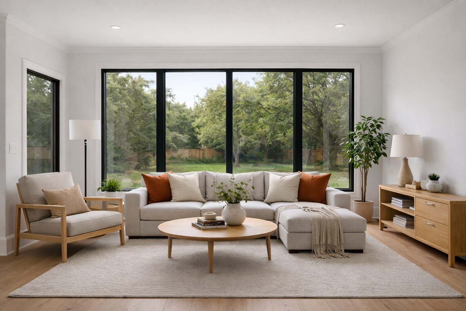 Bright living room with large windows, beige sofa, wooden table, and natural light