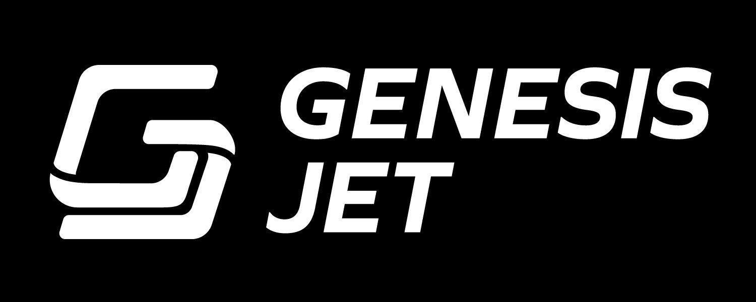 The logo for genesis jet is white on a black background.