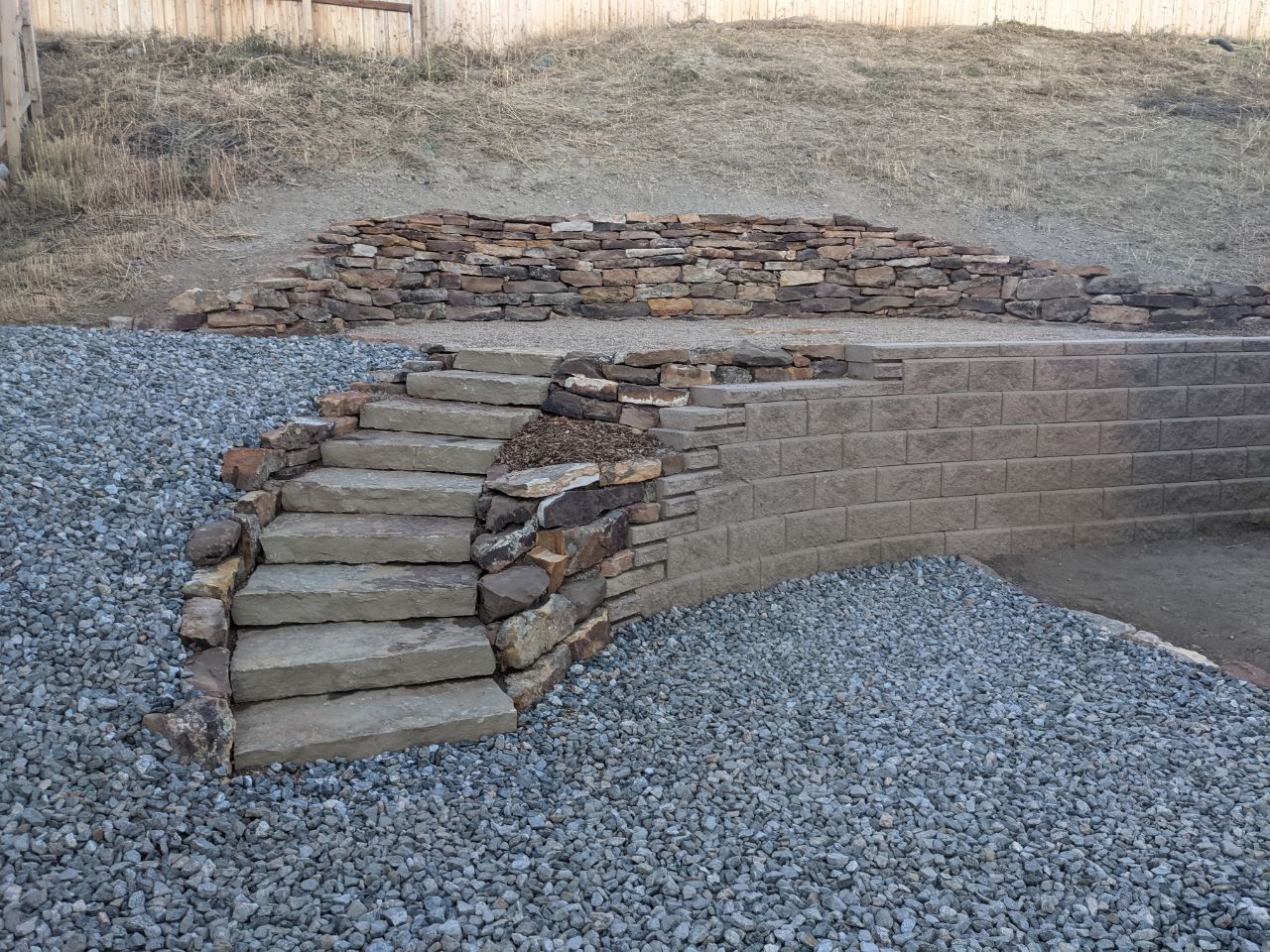 Stone and gravel retaining wall beside a sloped yard with steps leading up the left side