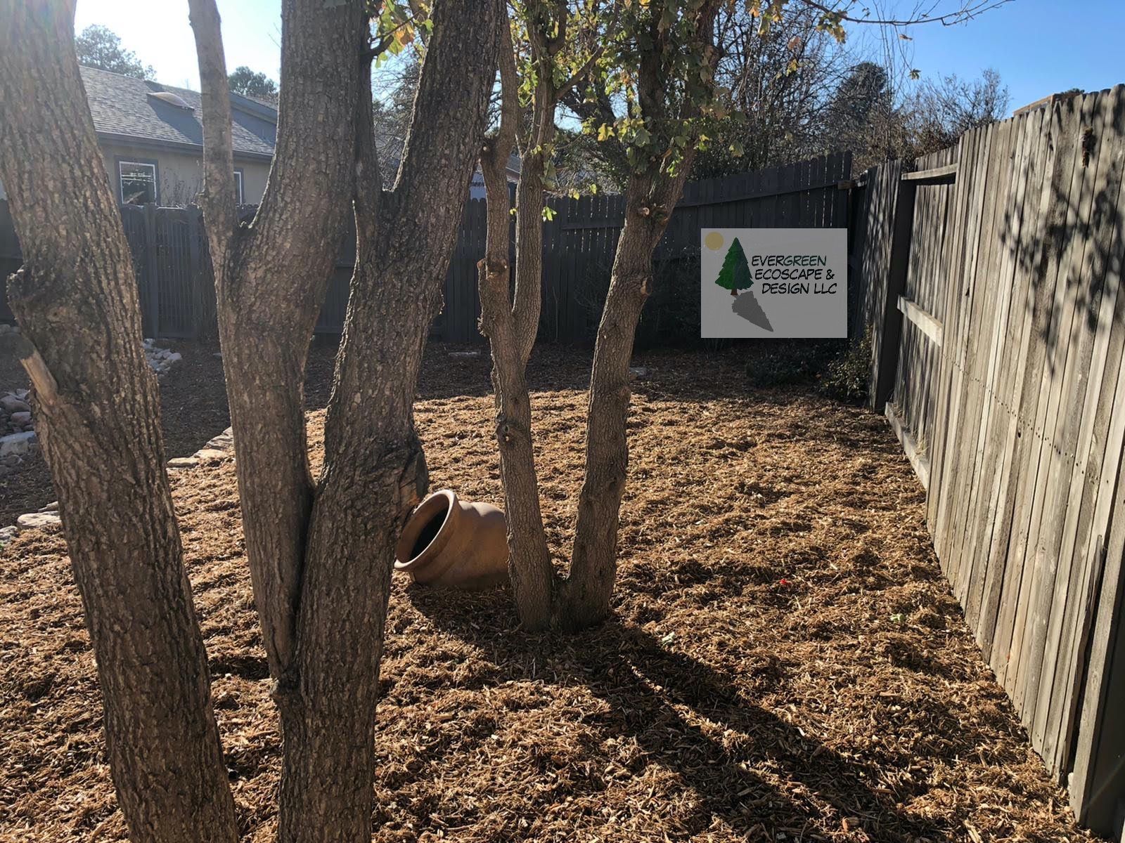 Narrow wooded yard with bare trees, leaf-covered ground, fence, and a sign near the back.