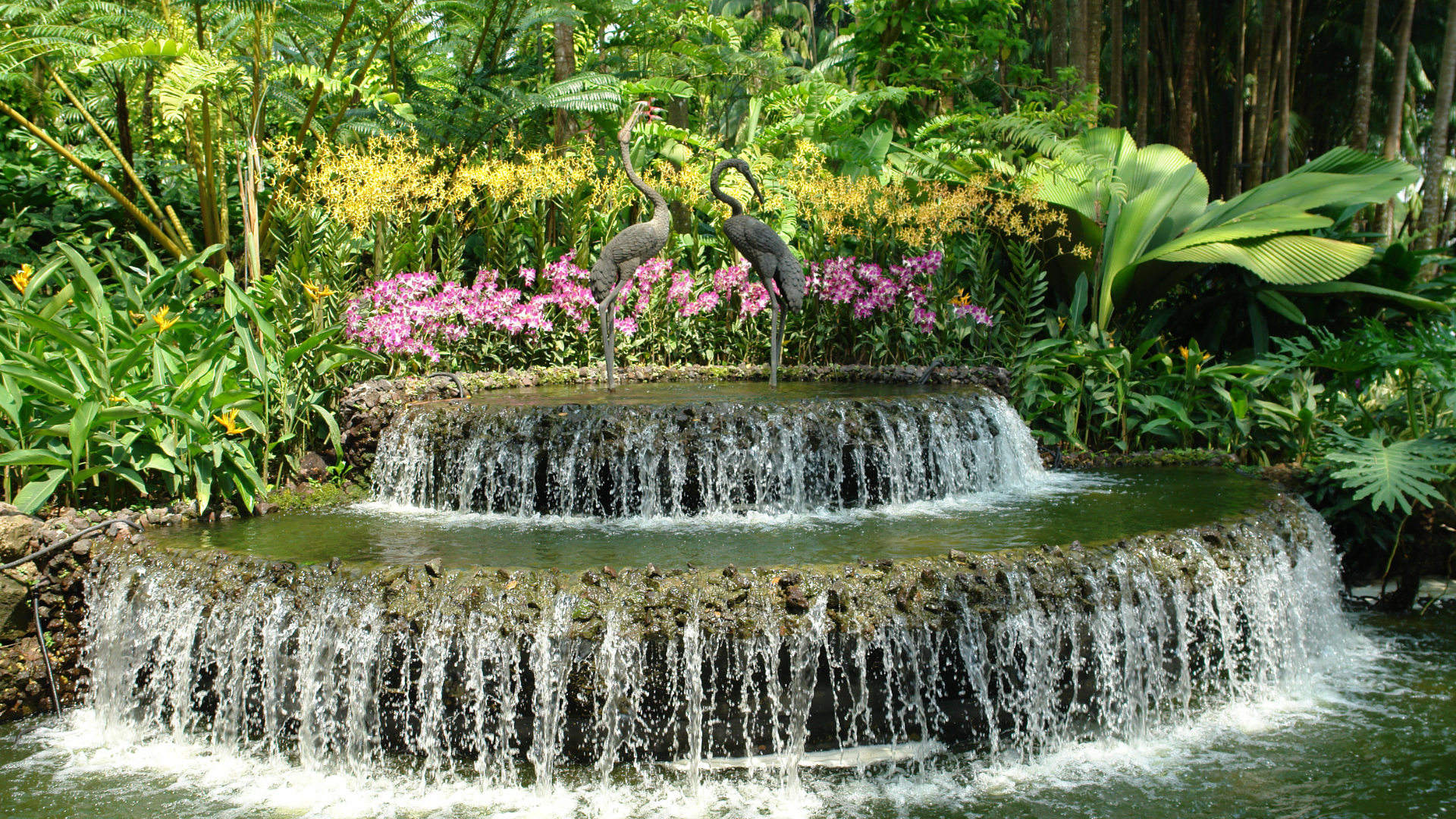 Lush garden waterfall cascading over tiered stone steps with pink flowers and tropical greenery