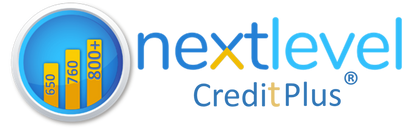 A logo for nextlevel credit plus with a bar graph