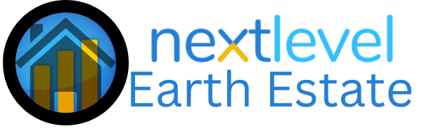 A logo for nextlevel earth estate with a house in the center