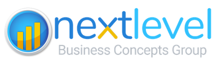A blue and yellow logo for nextlevel business concepts group