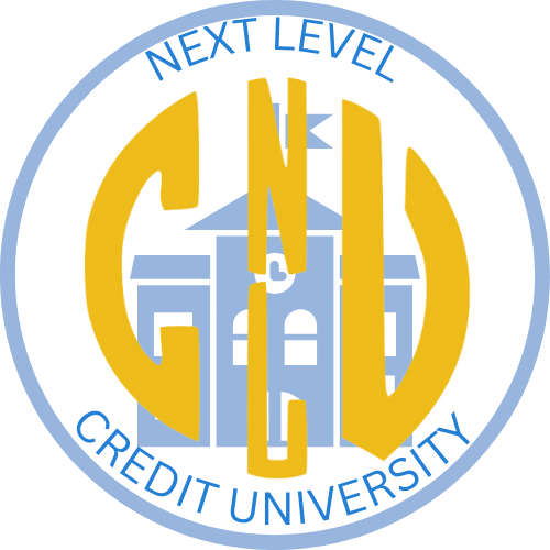 Next Level Credit University A blue and yellow logo for next level credit university