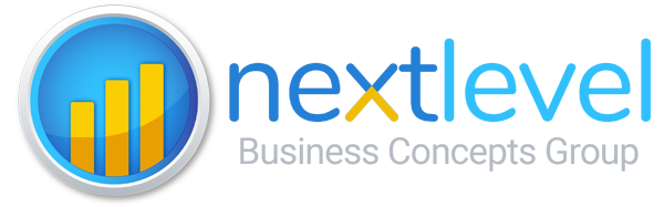 A blue and yellow logo for nextlevel business concepts group