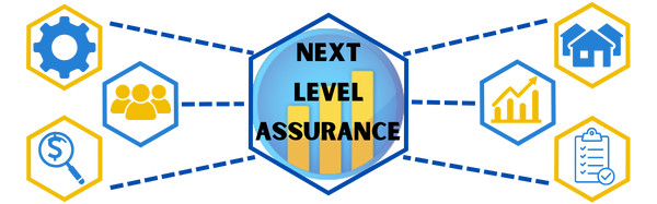 Next Level Assurance A blue and yellow logo for next level assurance