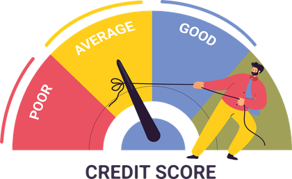 A man is pulling a rope around a credit score gauge.