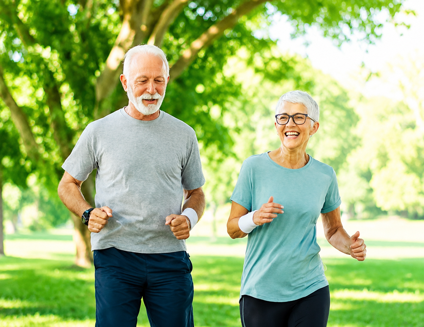 Two people jogging in a sunny green park, smiling and wearing casual workout clothes