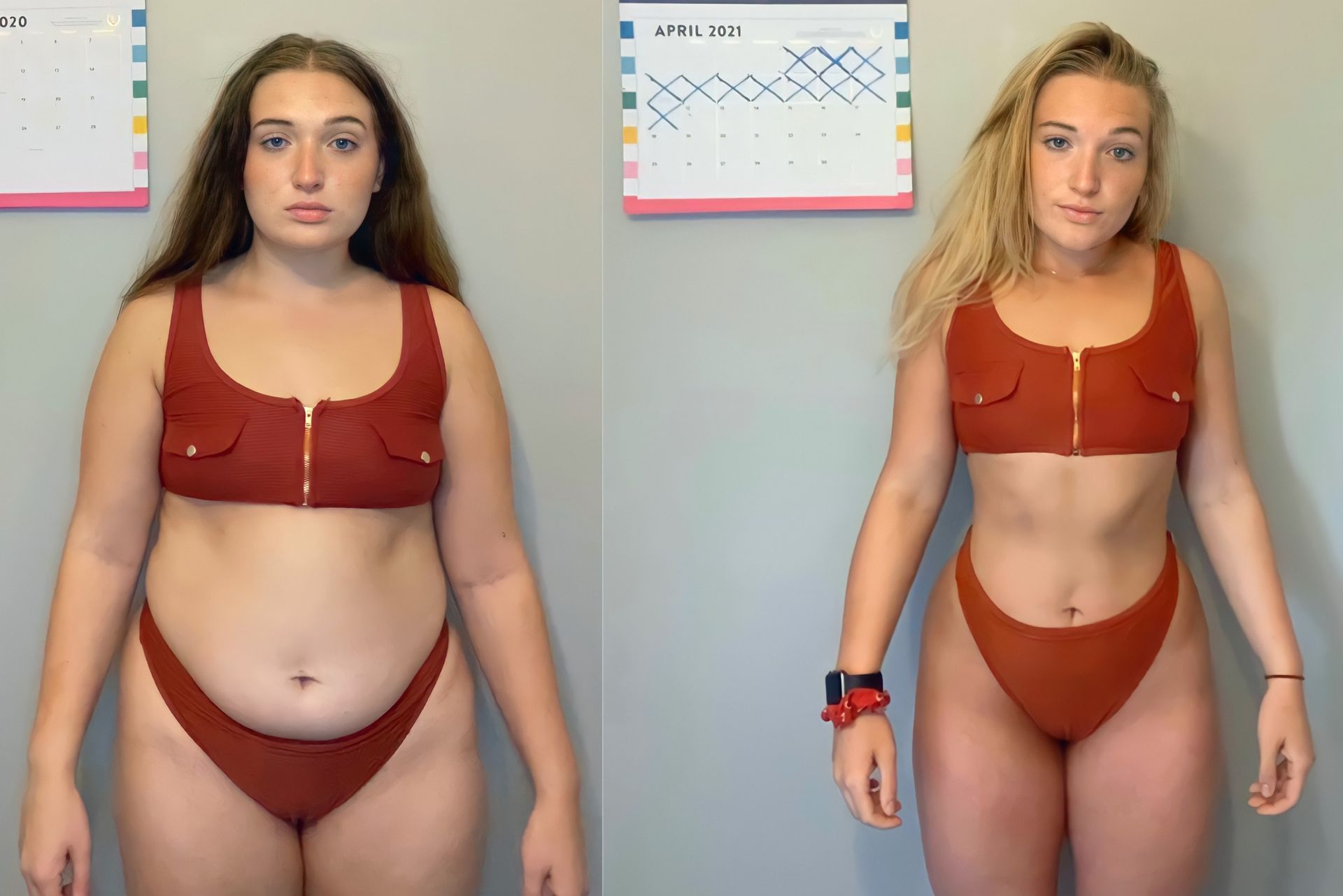 Side-by-side body comparison of a person in burgundy underwear, before and after progress photos against a gray wall