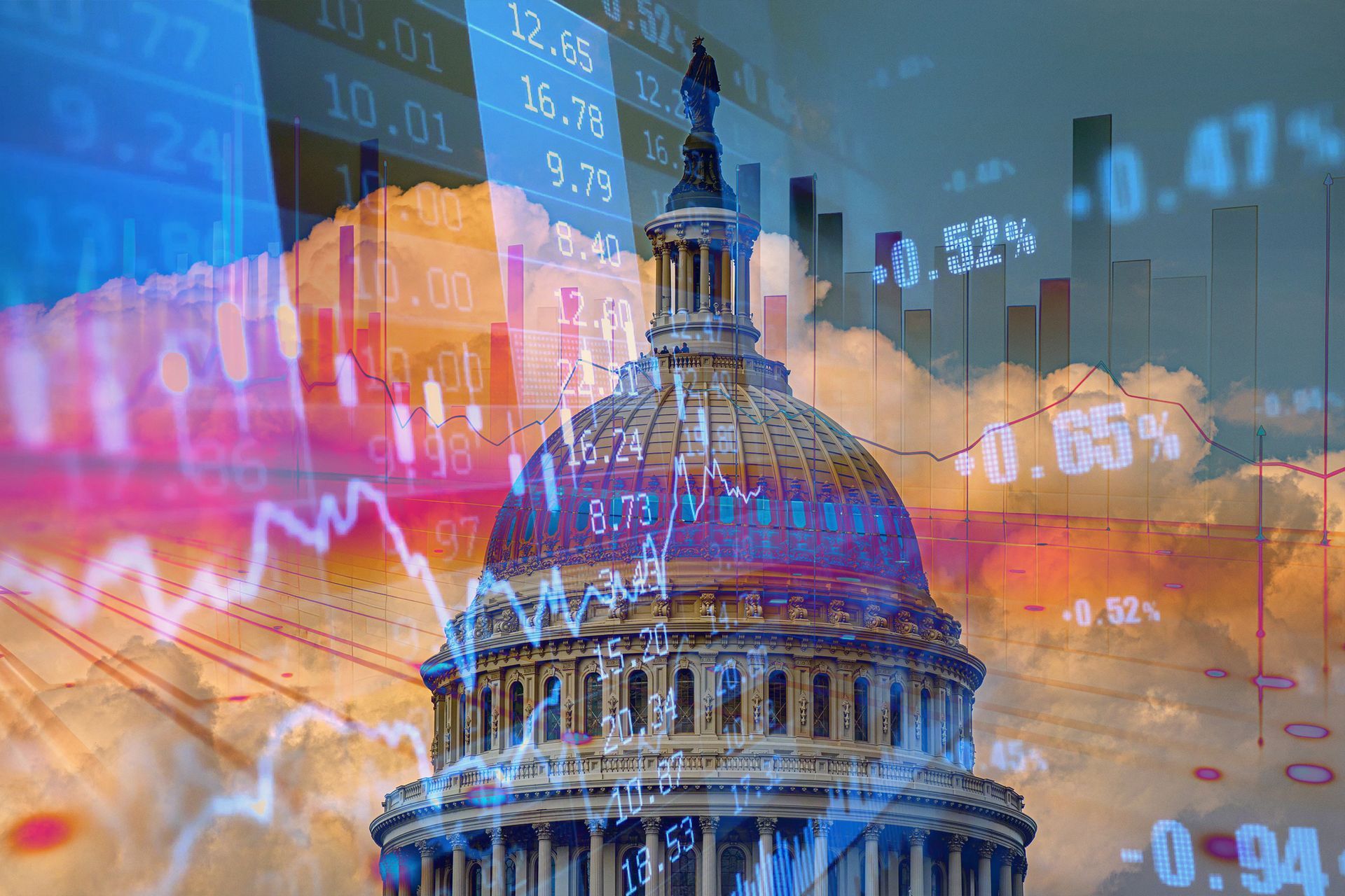 U.S. Capitol dome overlaid with stock market graphs and financial numbers at sunset