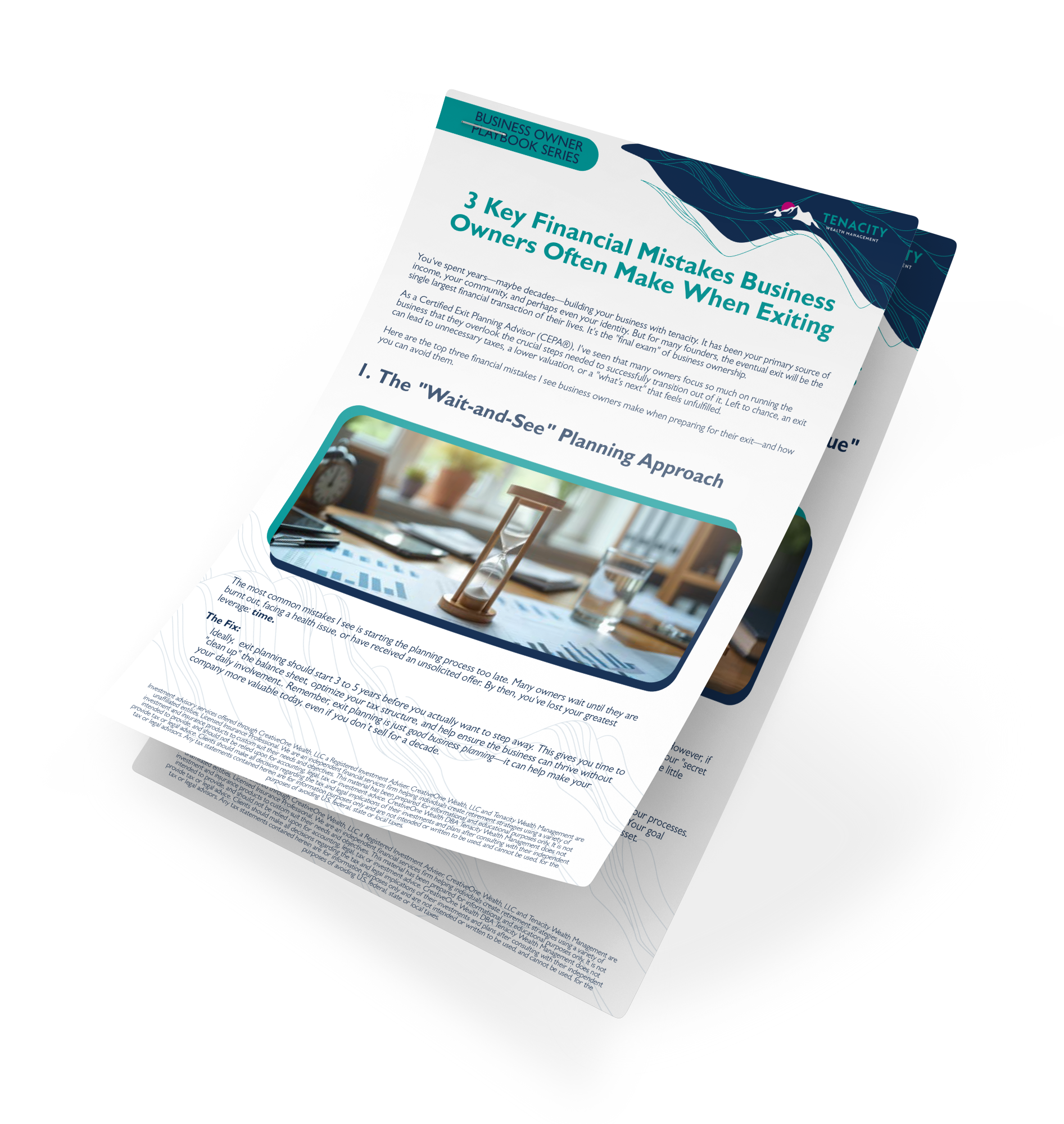 Stacked brochure mockup with a man at a laptop on the cover, angled on a white background