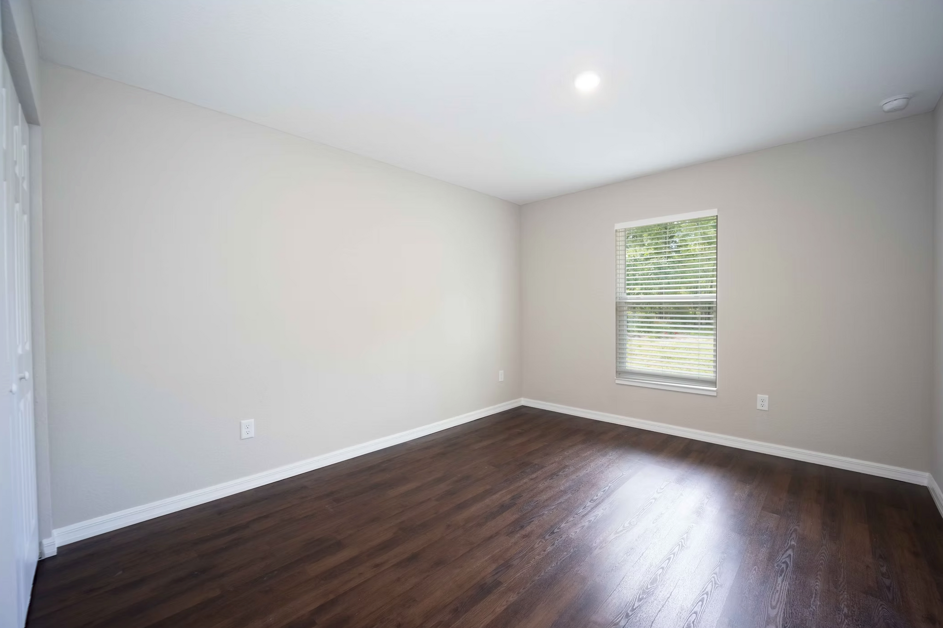 Empty bedroom with light gray walls, dark wood floor, and one window letting in natural light.