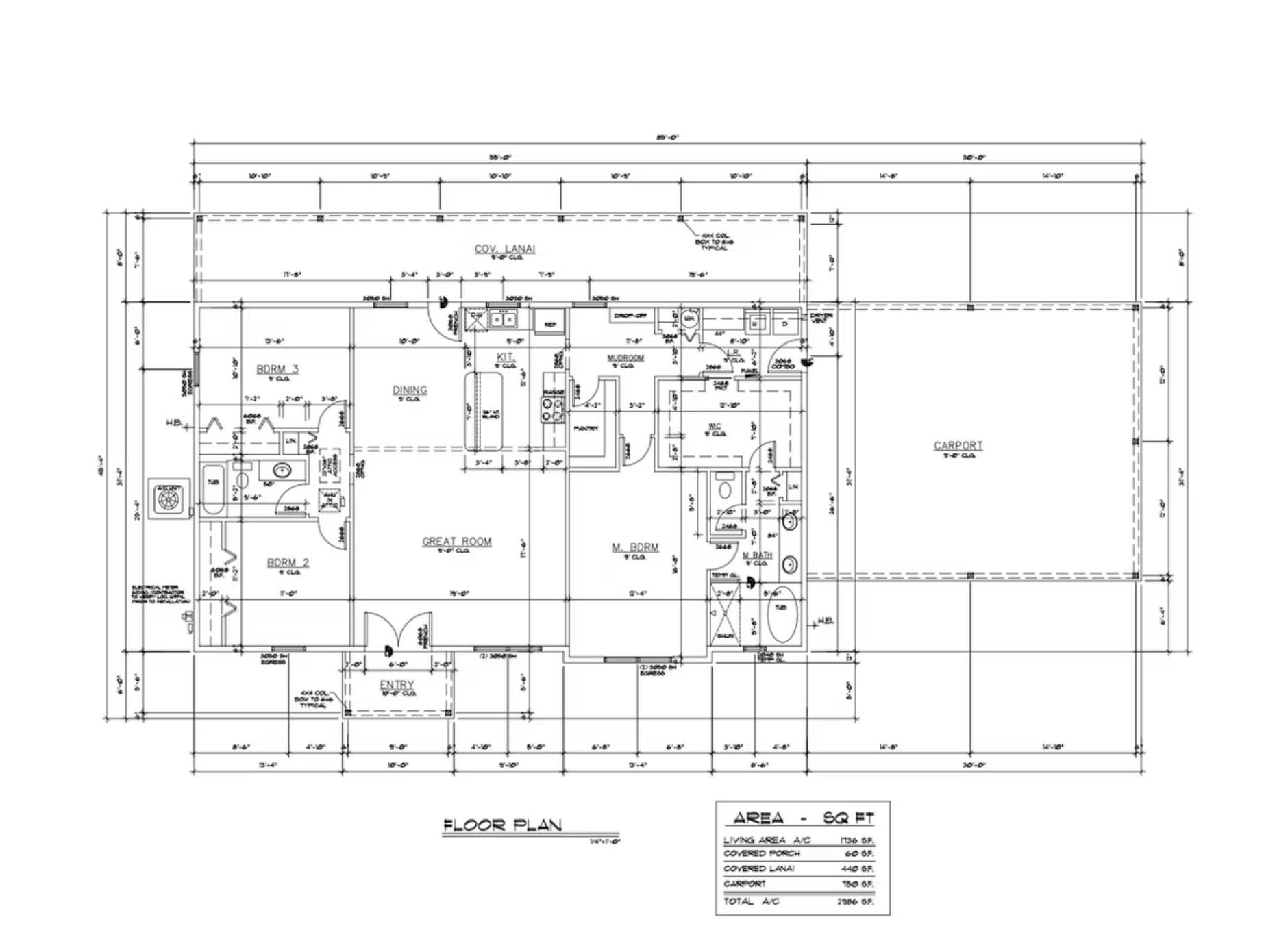 Architectural floor plan blueprint with labeled rooms, dimensions, and layout notes