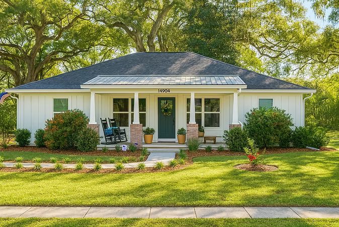Single-story white house with a front porch, green lawn, and trees in a sunny yard