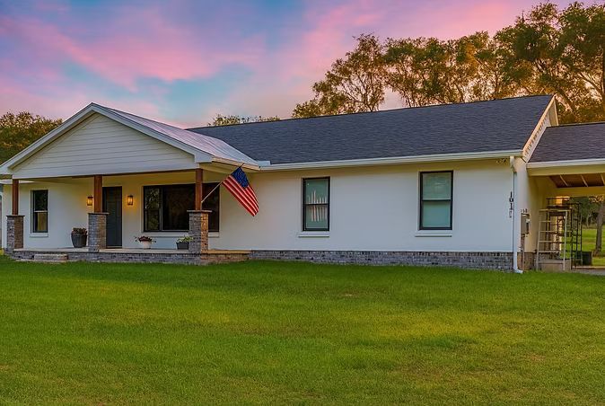 Single-story white house with a porch, American flag, and a green lawn at sunset.