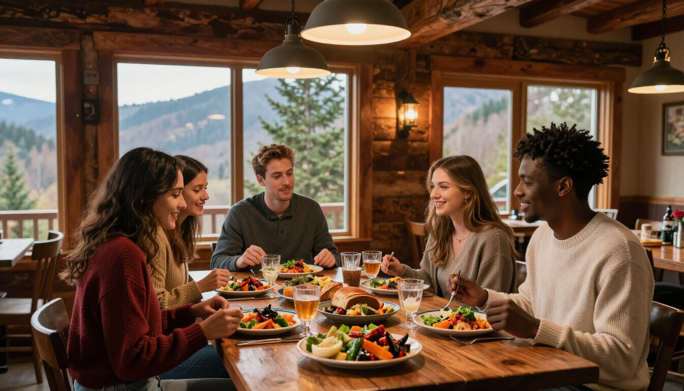 Friends sharing dinner at a cozy North Carolina mountain restaurant