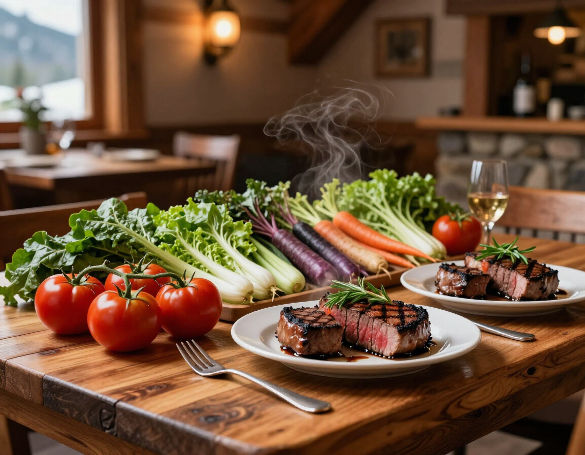 Colorful farm-to-table dinner in a mountain restaurant