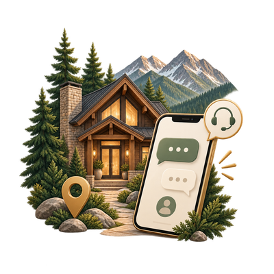 Rustic mountain cabin with pine trees, map pin, and a smartphone showing chat and headset icons.