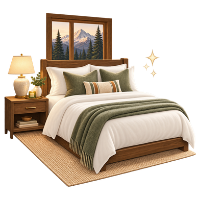 Cozy bedroom with a made bed, bedside lamp, mountain art, and woven rug