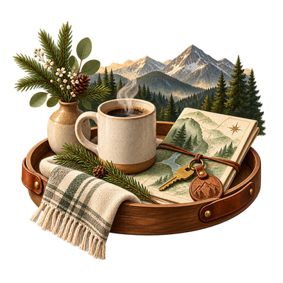 Rustic tray with coffee mug, pine sprig, folded cloth, keys, and mountain landscape decor