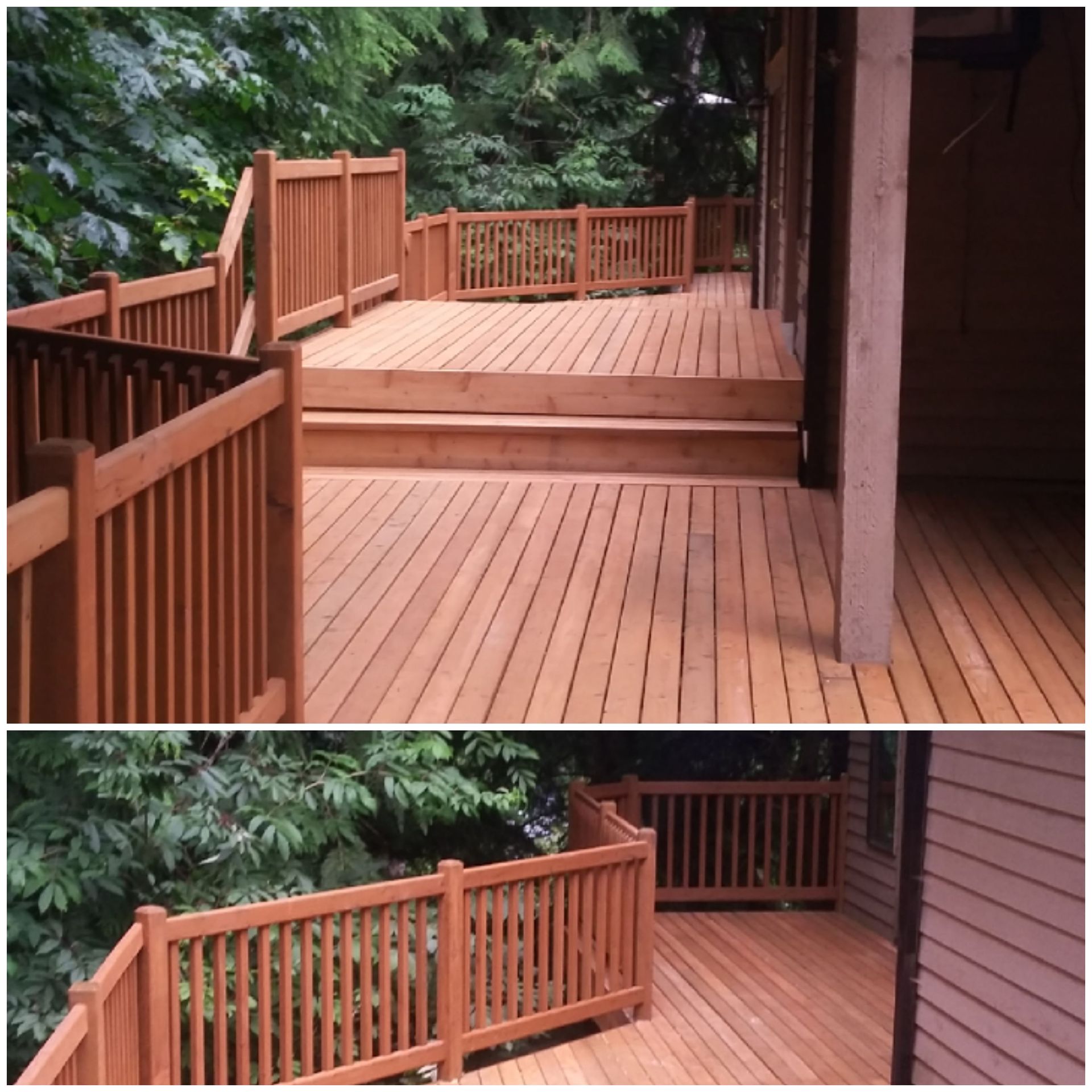 Two images: a wooden deck with railings, steps, and surrounding greenery.