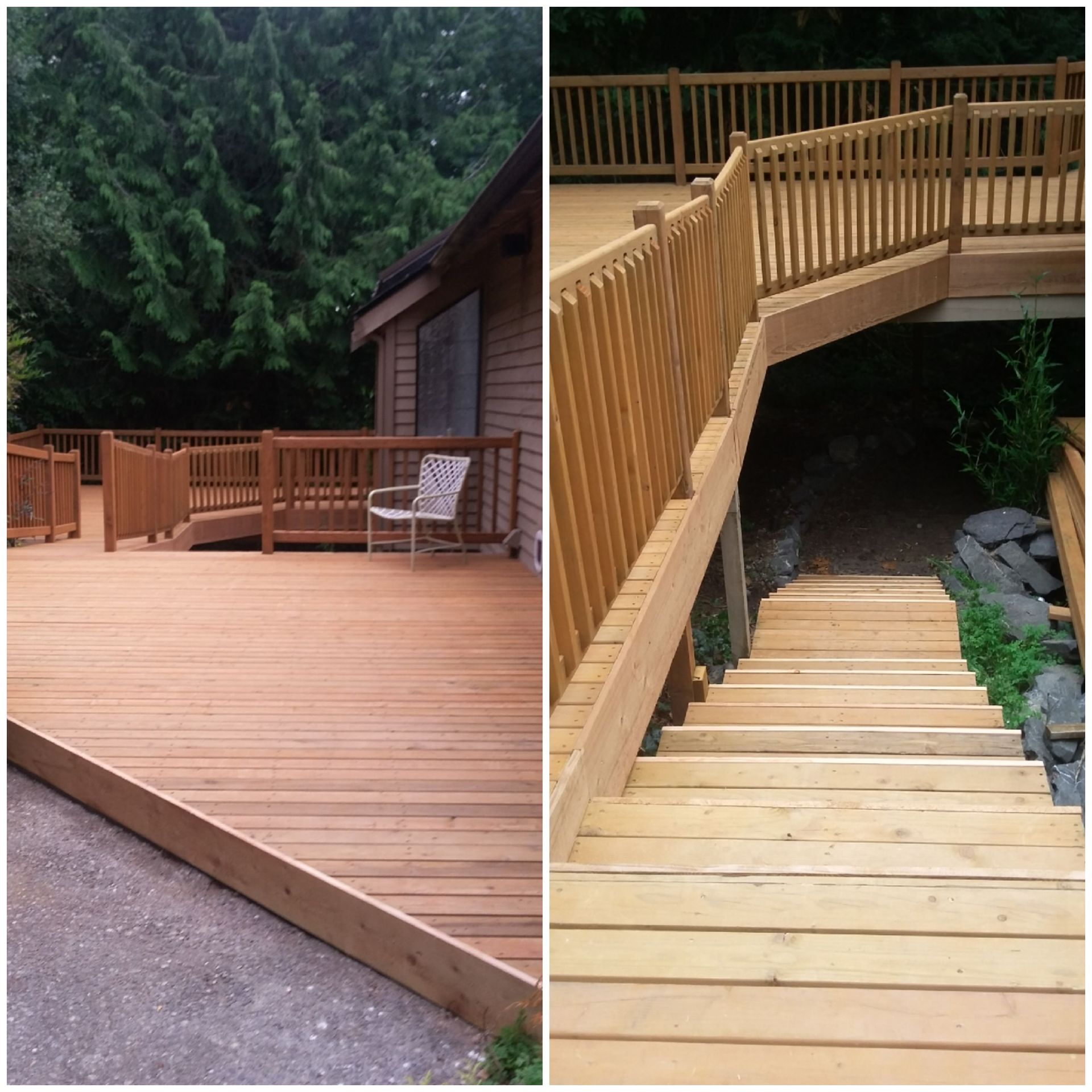 Wooden deck with ramp and steps leading to a lower level, set in a wooded area.