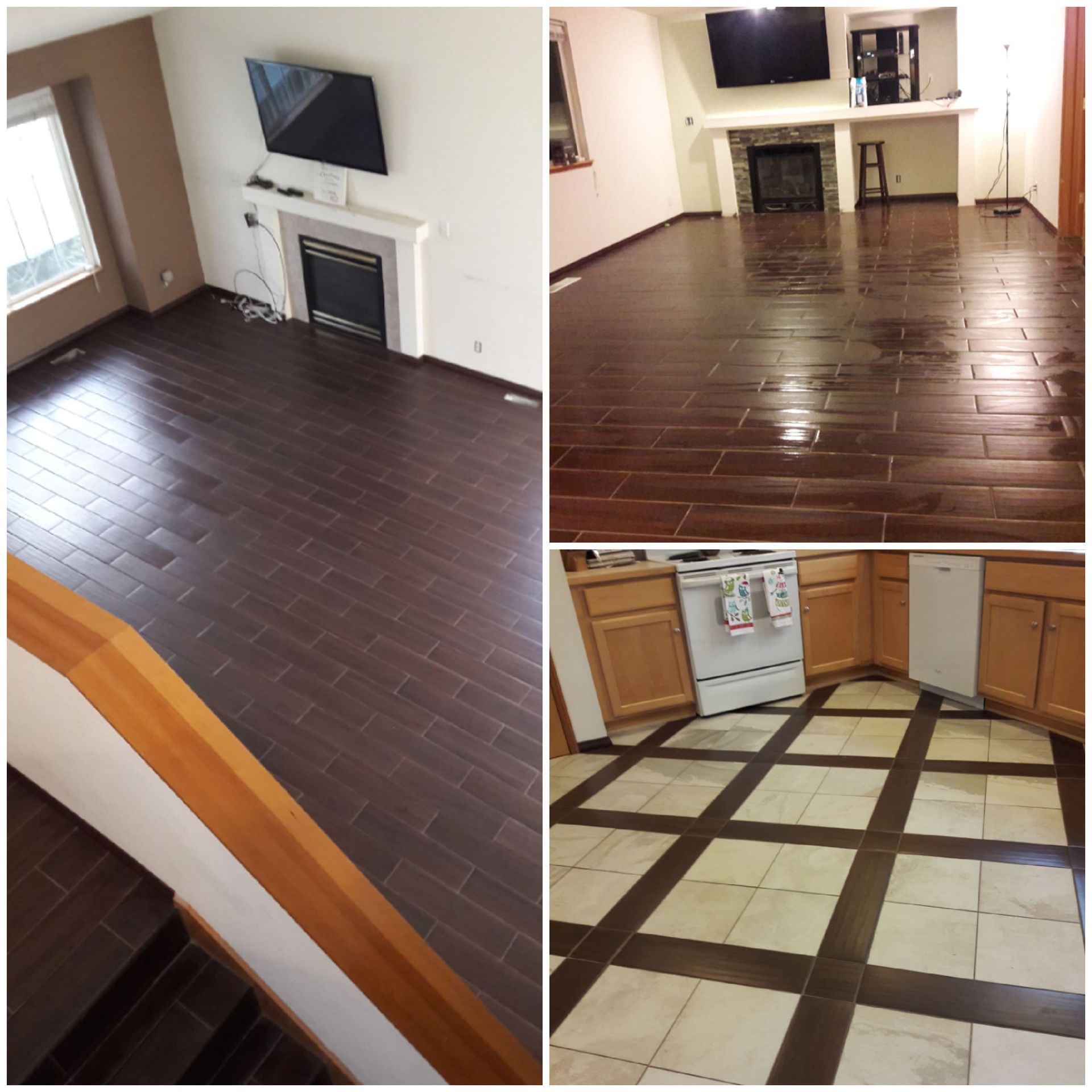 Three photos show different flooring: dark wood-look tile in two rooms, and light tile with dark border in a kitchen.
