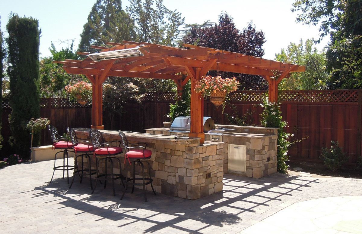 Outdoor kitchen with stone counters, grill, bar stools, and a wooden pergola.
