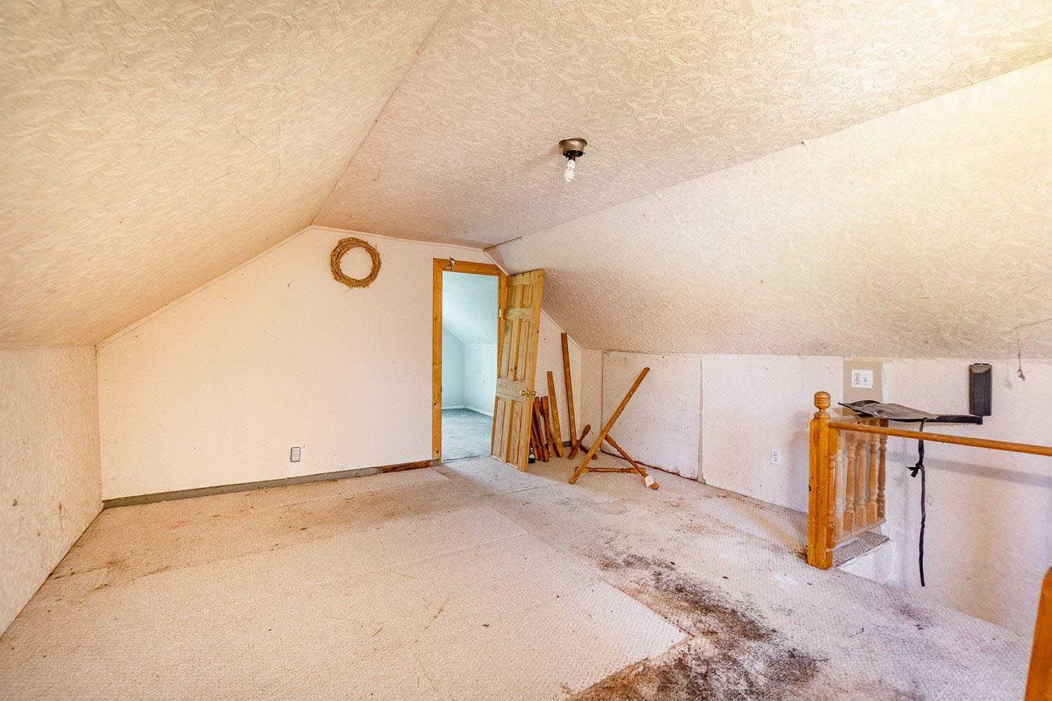 Empty attic space with sloped ceiling, bare walls, and a door to another room.
