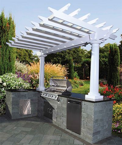 Outdoor kitchen with grill, refrigerator, and pergola. Gray stone, white structure, lush garden backdrop.