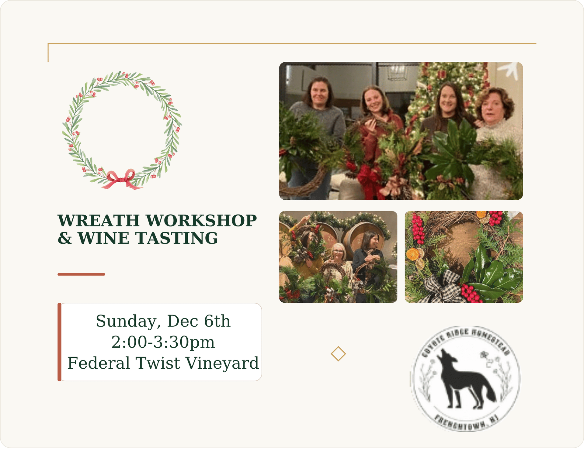 Hands decorating a Christmas wreath with dried fruit and greenery on a wooden table.