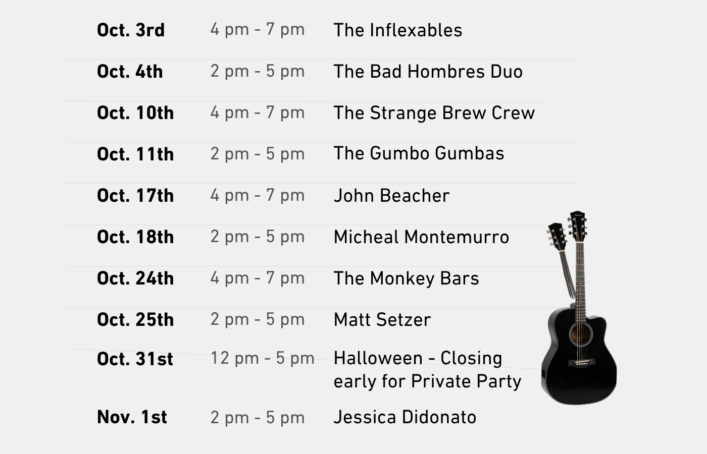 Live Music event flyer on a dark blue background with June performance dates and band names listed.
