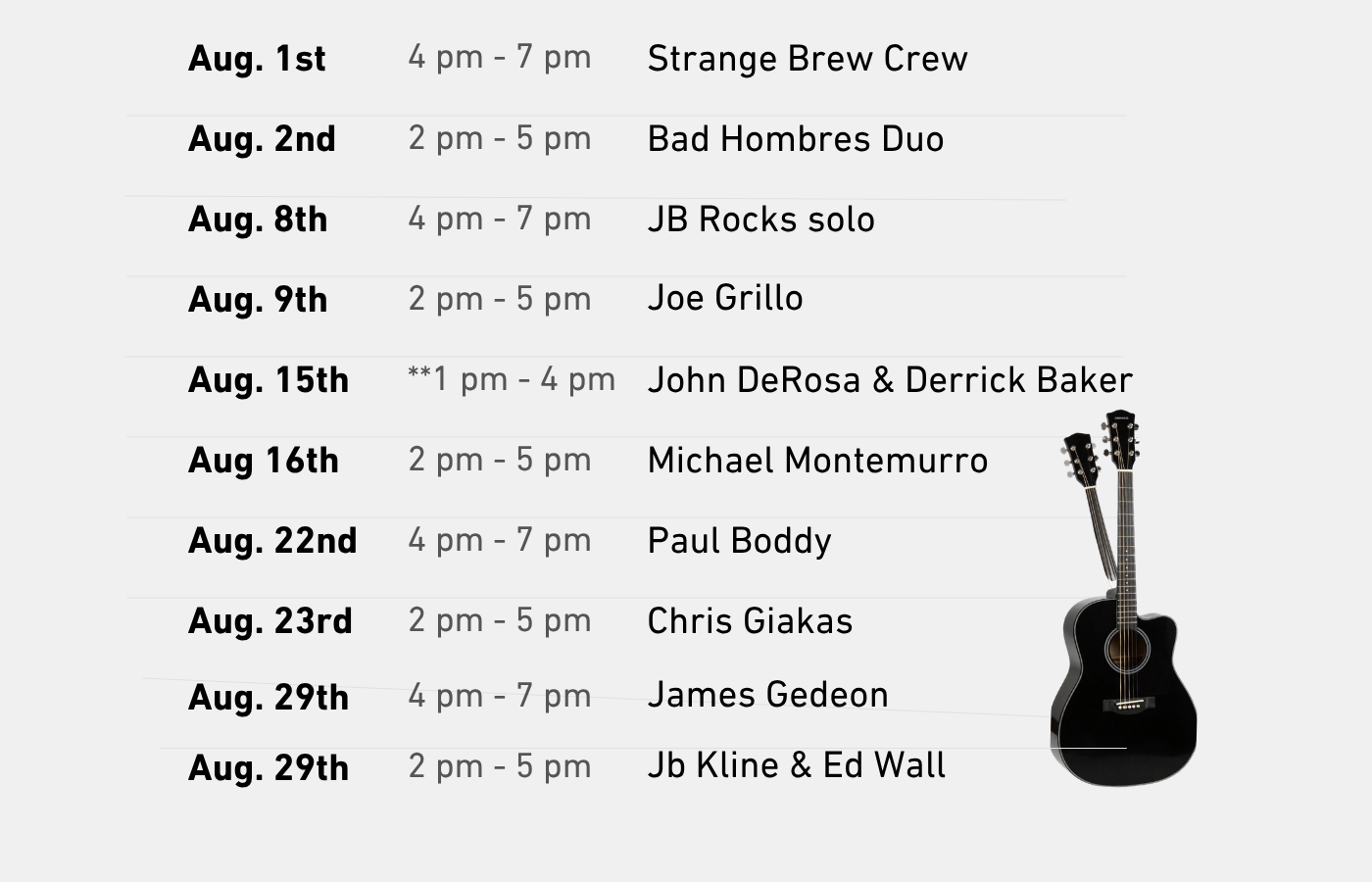 Live Music event flyer on a dark blue background with June performance dates and band names listed.