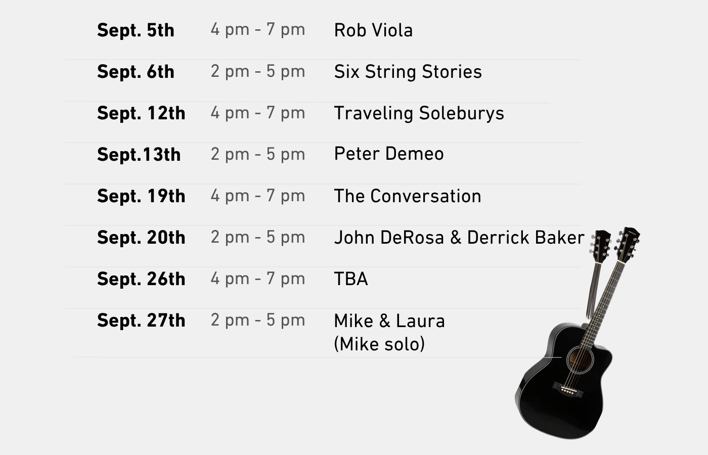 Live Music event flyer on a dark blue background with June performance dates and band names listed.