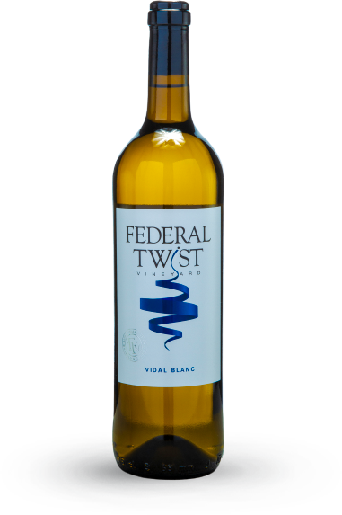 Bottle of Federal Twist Sauvignon Blanc with blue label and swirl.