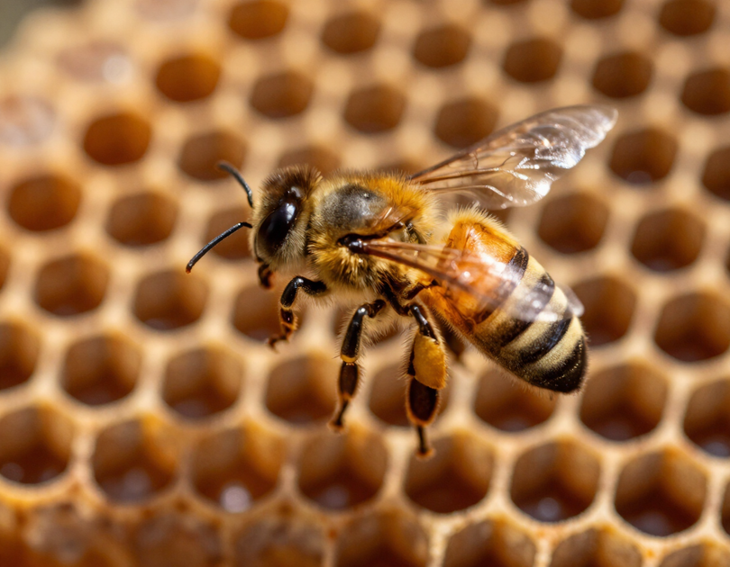 Primo piano di un'ape posata su un favo, con corpo a strisce dorate e nere e ali trasparenti.