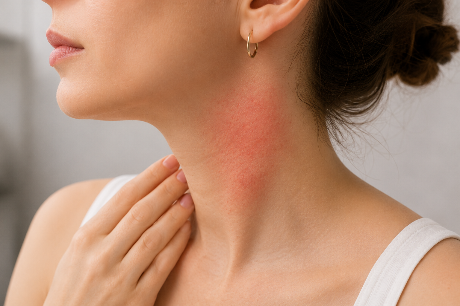 Una persona si gratta un'eruzione cutanea rossa e irritata sul lato del collo.