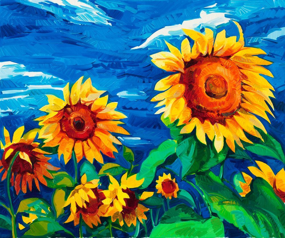 Un luminoso campo di girasoli con vivaci fiori gialli stagliarsi contro un cielo azzurro in un dipinto dai colori sgargianti.