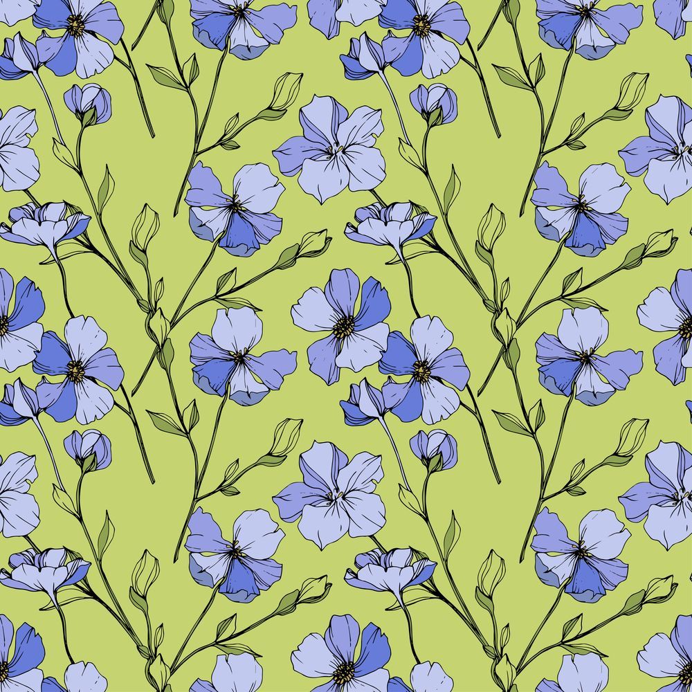 Motivo floreale verde chiaro con fiori blu sparsi e steli scuri.